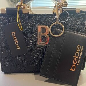 Bebe Black Purse Nola Mini Satchel Embossed Crossbody Bag with Card Holder NWT